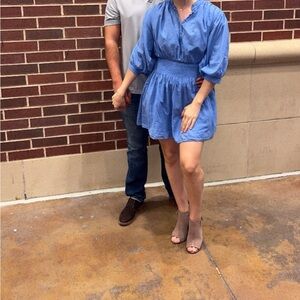 Blue Smocked Waist Long Sleeve Dress